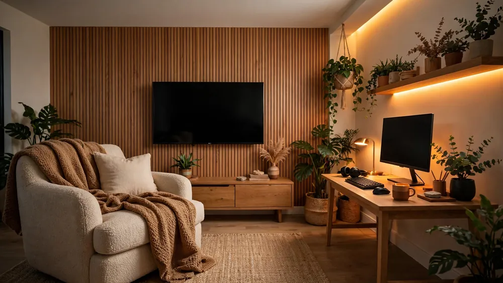 Chill gaming lounge with boucle armchair, wall-mounted TV on wood slat wall, desk setup and warm amber LED lighting – home decor idea