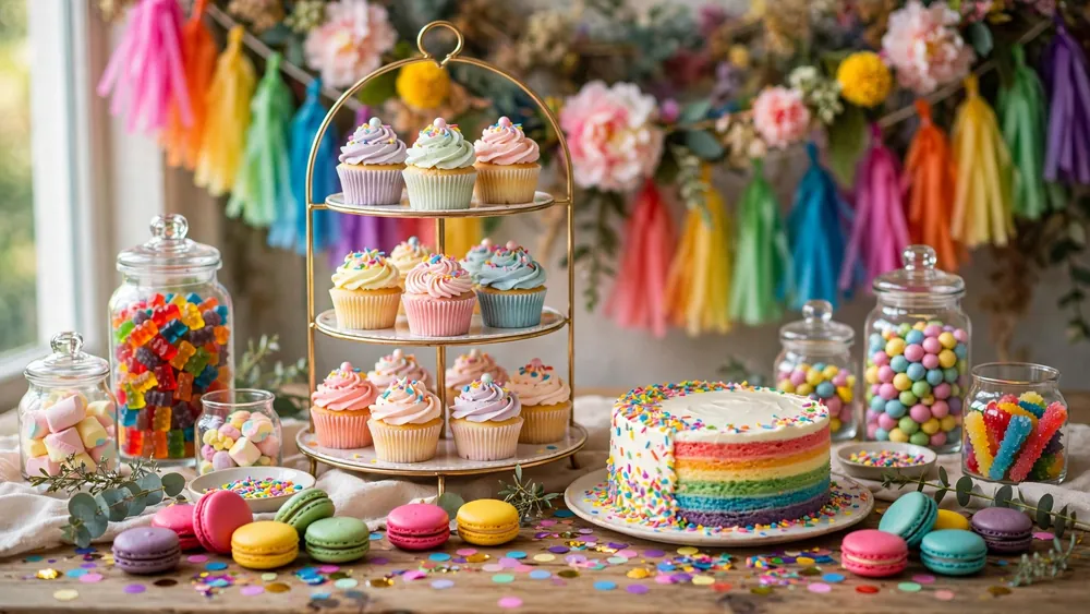 Colorful celebration dessert table with tiered pastel cupcakes, rainbow layer cake, candy jars and macarons – home decor idea