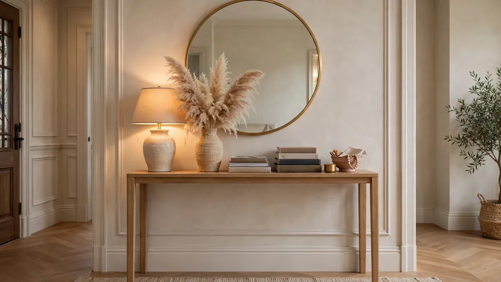 Elegant entryway console table styled with mirror, lamp and pampas grass – home decor idea