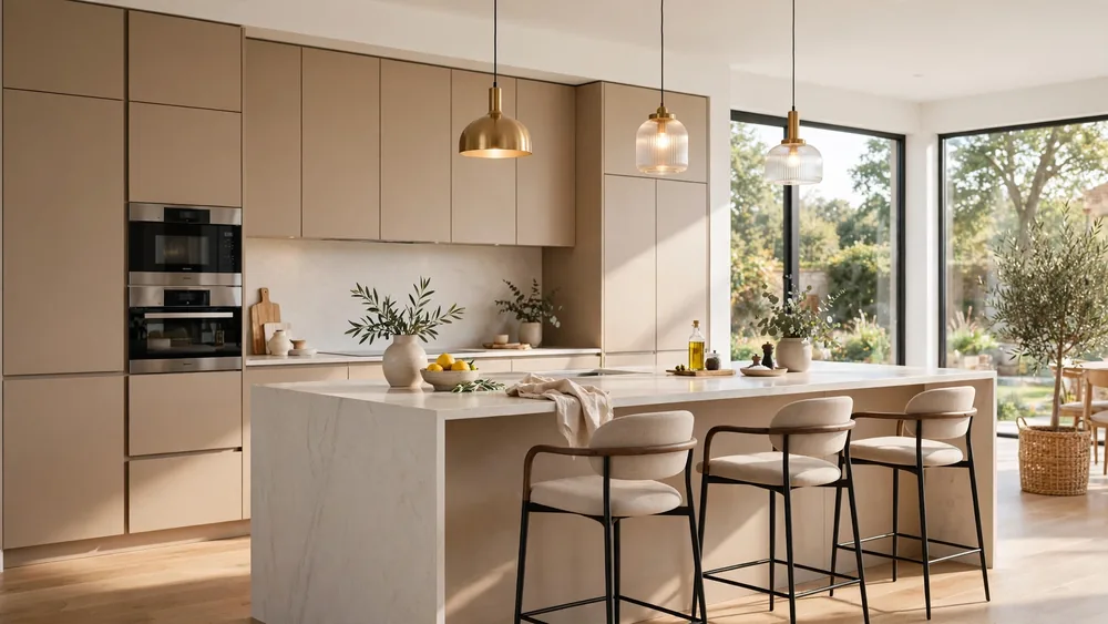 Contemporary kitchen with handleless greige cabinets and waterfall quartz island – home decor idea