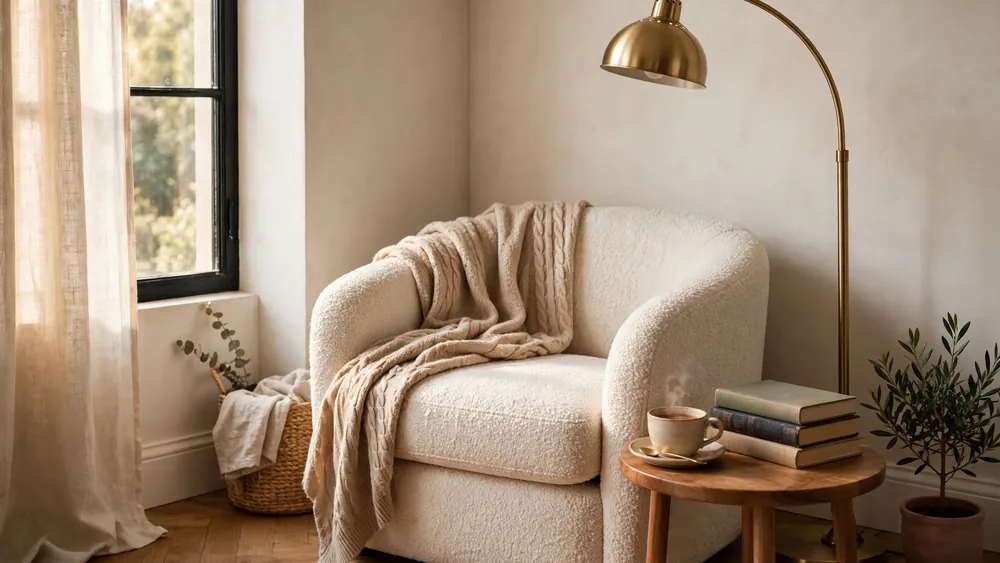 Cozy reading nook styled in a room corner with armchair and floor lamp – home decor idea