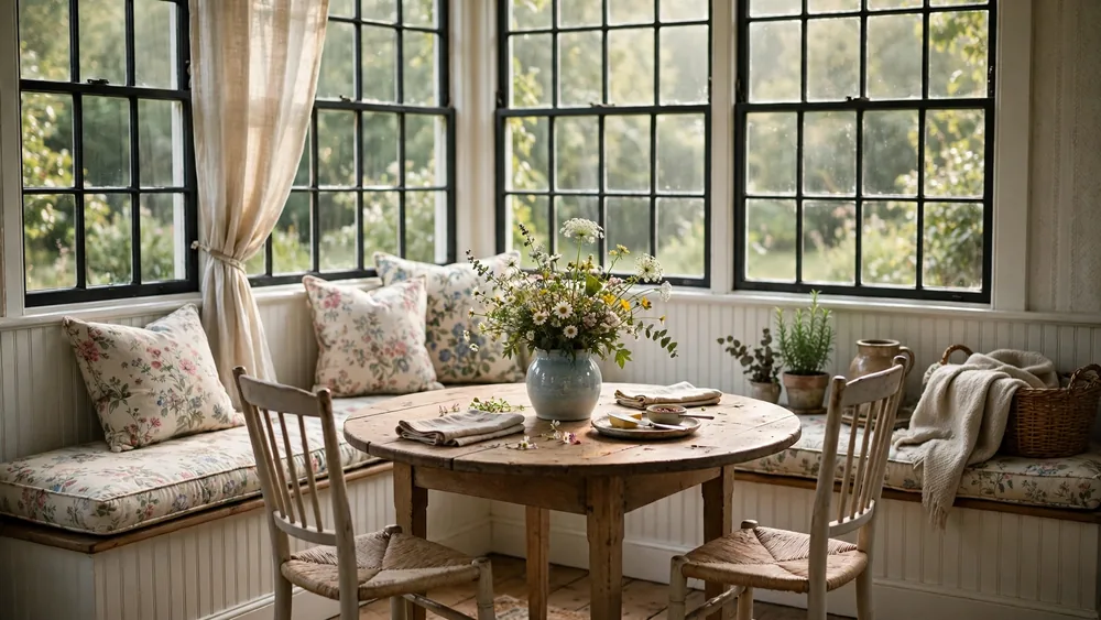 Cottage breakfast nook with beadboard walls, floral cushions and farmhouse table – home decor idea