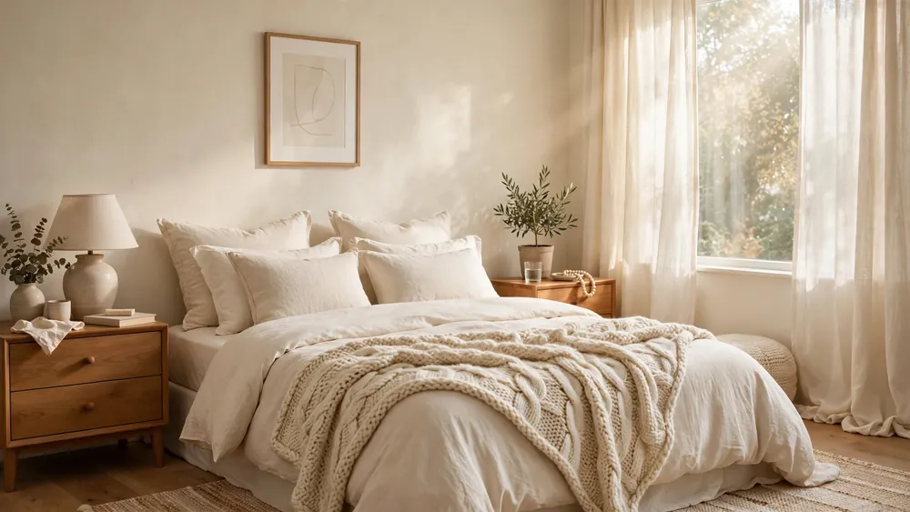 Cozy cream bedroom with layered cream linens, chunky knit throw and warm wood nightstands – home decor idea