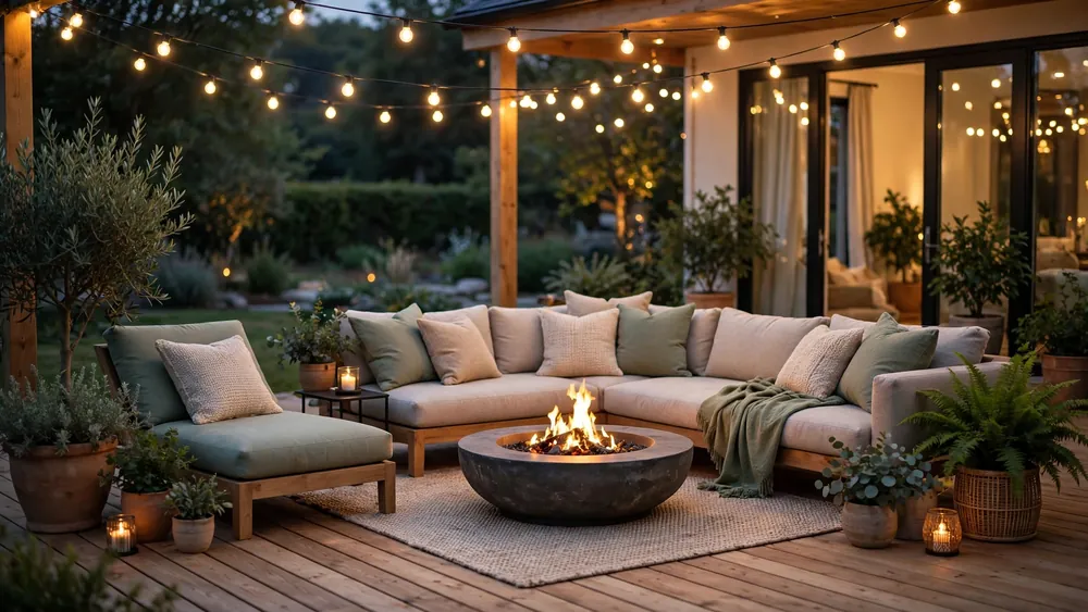 Stylish wooden deck with outdoor lounge seating, fire pit and string lights at dusk – home decor idea
