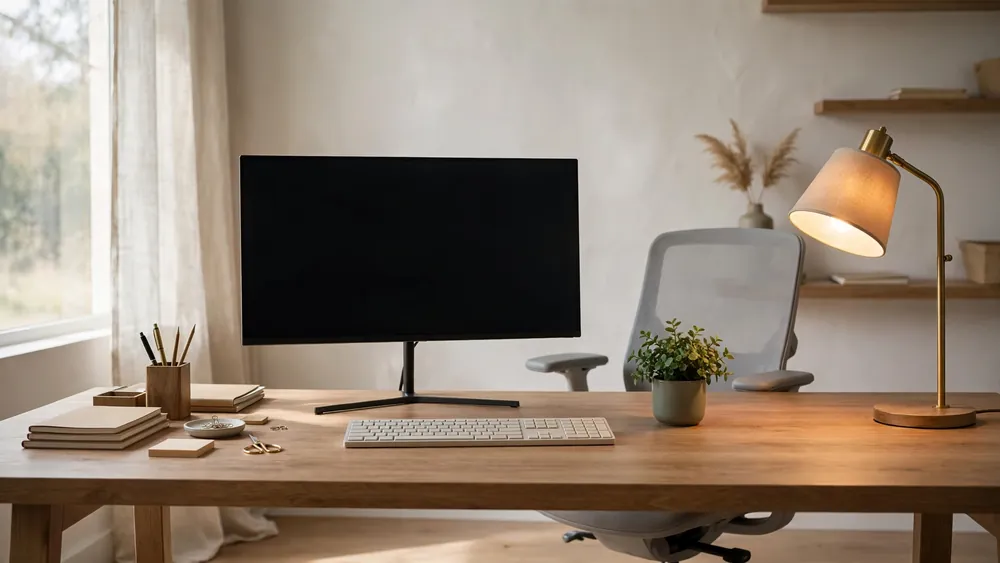 Stylish modern desk setup with monitor, plant and warm desk lamp – home decor idea