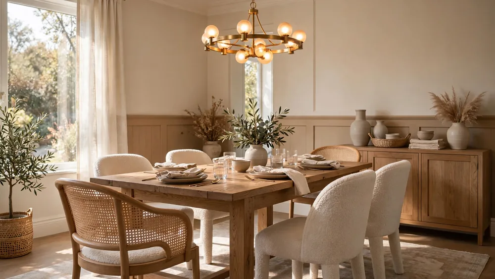 Elegant dining room with cream boucle chairs and cane-back accent chairs – home decor idea