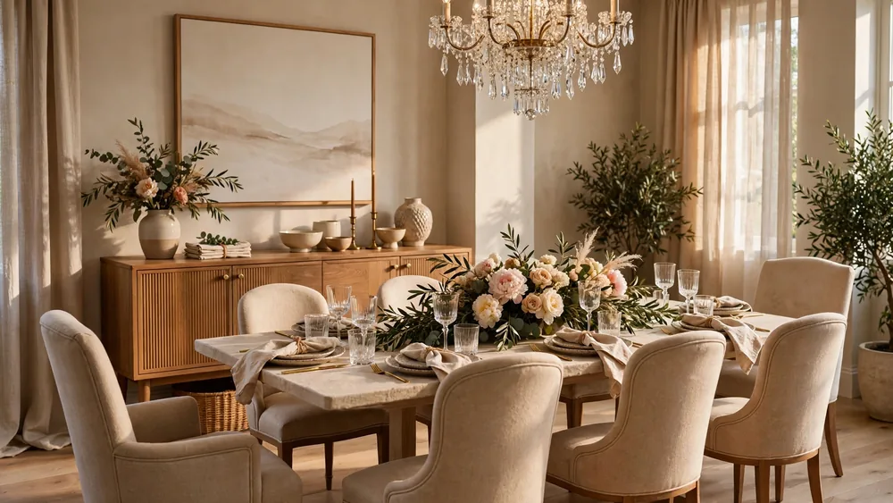 Elegant dining room with crystal chandelier, set table and soft drapery – home decor idea