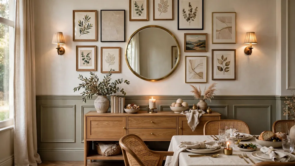 Dining room feature wall with curated art, round mirror and styled sideboard – home decor idea