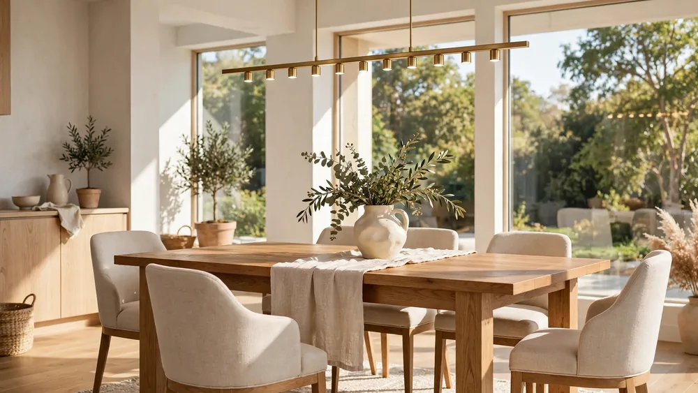Modern dining room with solid oak table, upholstered chairs and brass chandelier – home decor idea