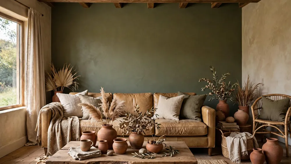 Earthy living room with olive green accent wall, tan leather sofa, terracotta pottery and wood beams – home decor idea