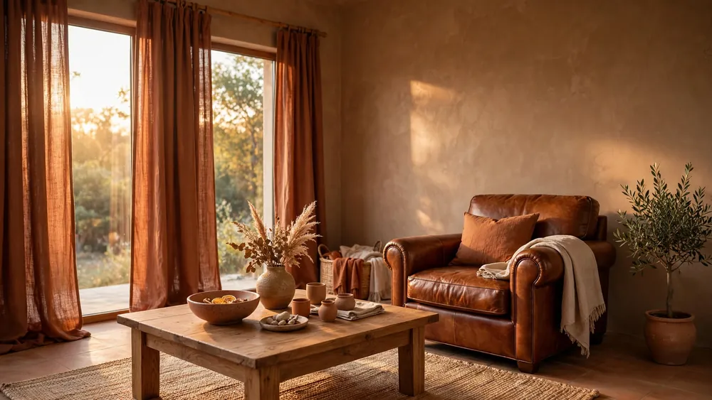 Warm earthy living room with rust terracotta linen curtains, cognac leather armchair and clay plaster walls – home decor idea