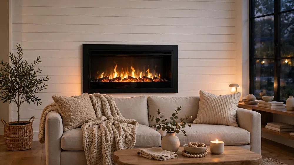 Cozy living room with a modern electric fireplace glowing in a white shiplap wall – home decor idea