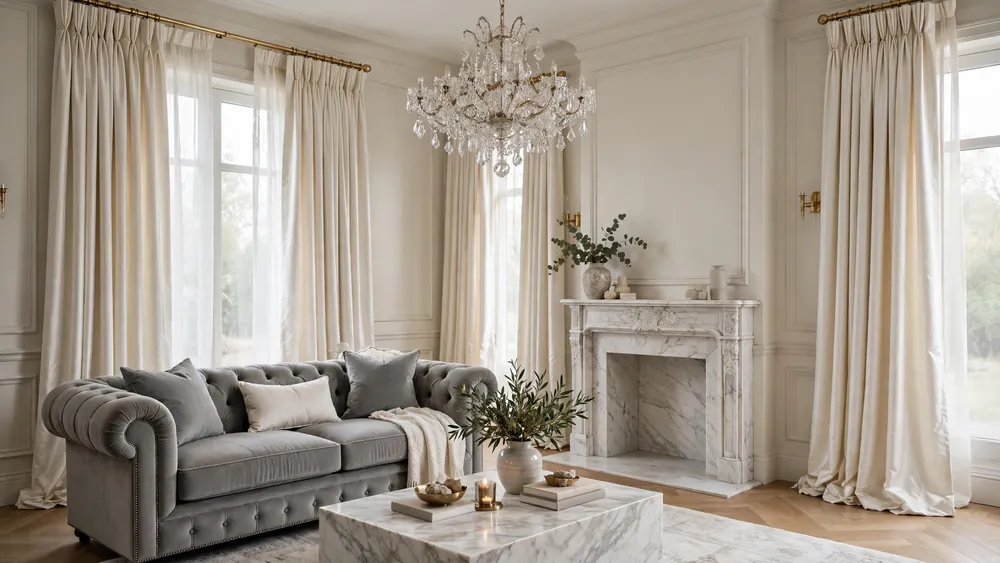 Elegant living room with ivory silk drapes, gray chesterfield sofa, crystal chandelier and marble fireplace – home decor idea