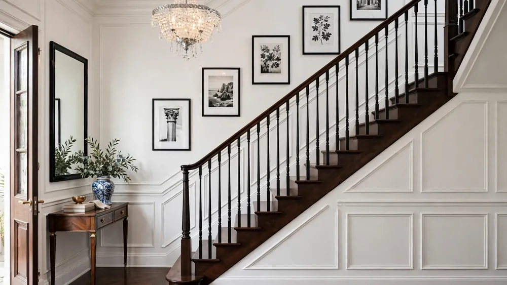 Elegant staircase entryway with dark wood steps, white wainscoting, crystal chandelier and black-and-white art prints – home decor idea