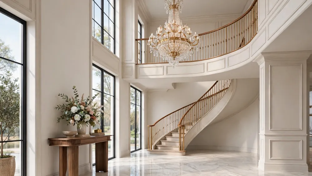 Grand double-height entry foyer with chandelier and curved staircase – home decor idea