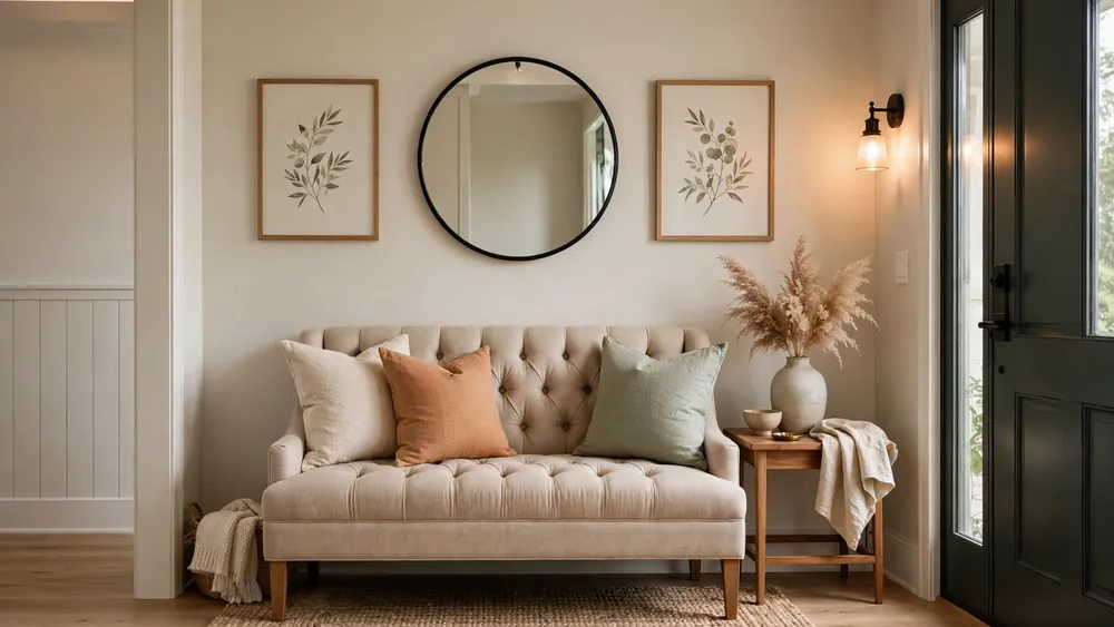 Elegant entryway with upholstered bench, mirror and warm lighting – home decor idea