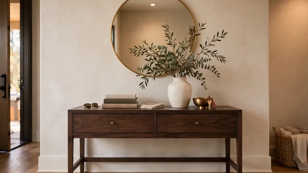 Elegant entryway table styled with vase, mirror and warm lighting – home decor idea