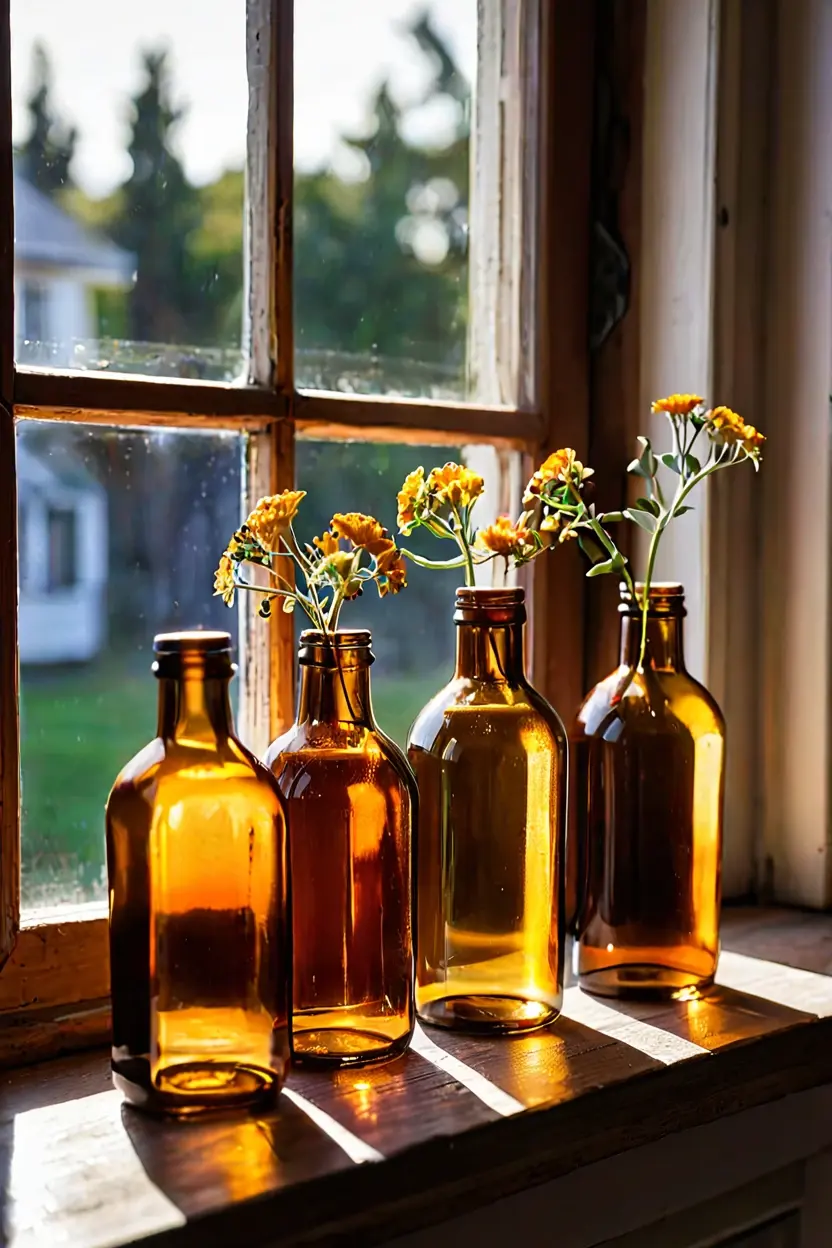 Amber Glass Bottle Cluster Vintage amber glass bottles used for charming fall decor ideas.