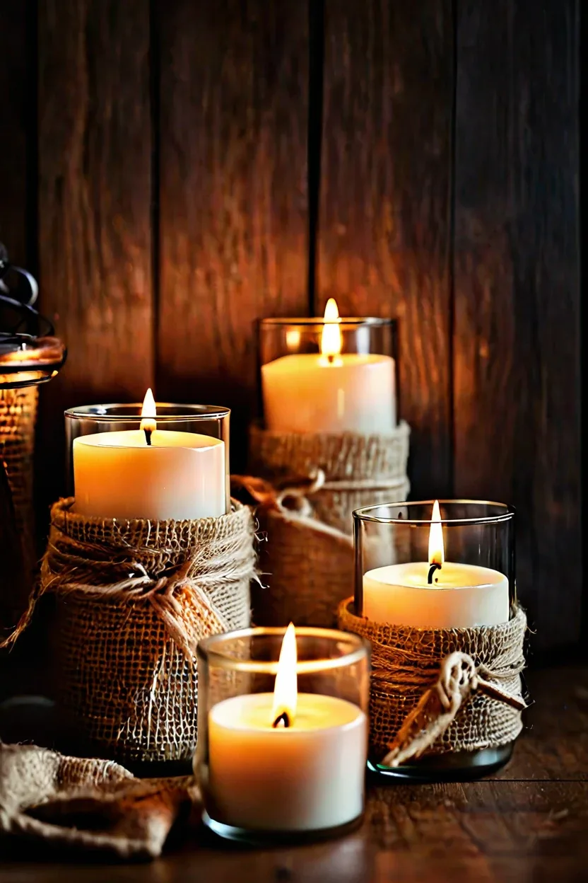 Burlap Wrapped Candle Jars Burlap wrapped candles providing warm lighting for fall decor ideas.
