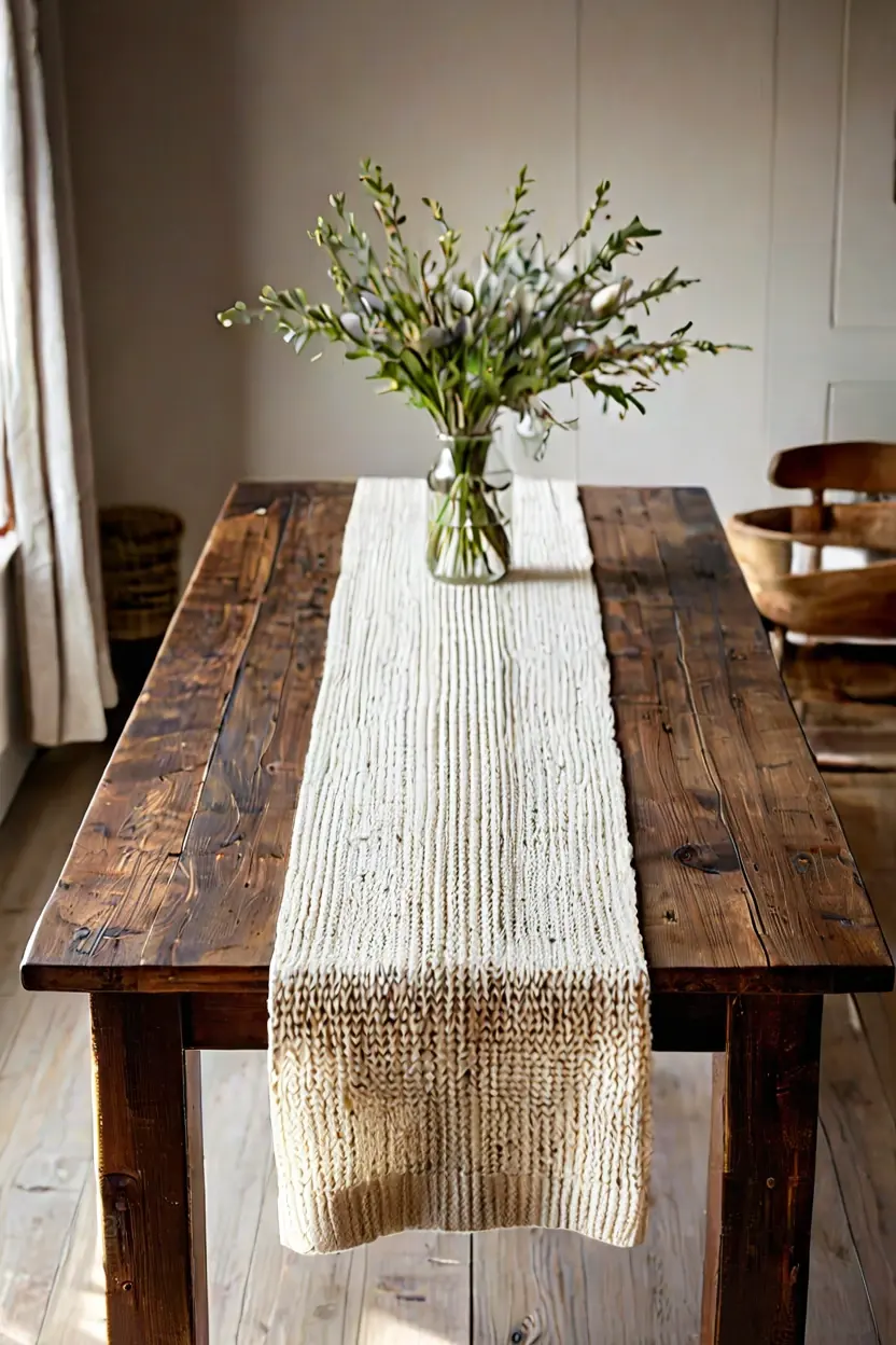 Chunky Knit Table Runner Dining table styled with a chunky knit runner for cozy fall decor ideas.