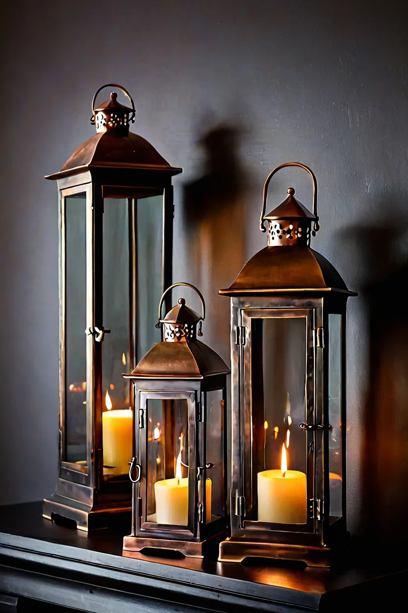Copper Lantern Cluster Copper lantern cluster enhances warm fall decor ideas