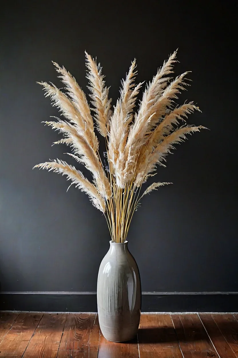 Dried Pampas Grass Arrangement Minimalist vase with pampas grass as part of simple fall decor ideas.