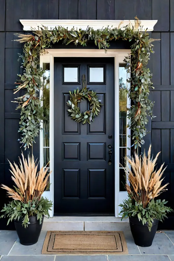 Eucalyptus and Wheat Wreath Front door wreath showcasing welcoming fall decor ideas.