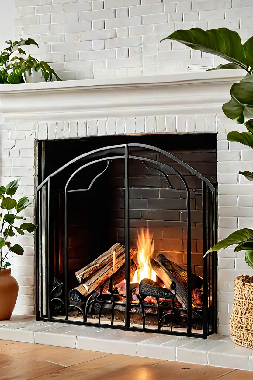 Forged Iron Fireplace Screen Matte black iron fireplace screen styled for beautiful fall decor ideas in a cozy living room