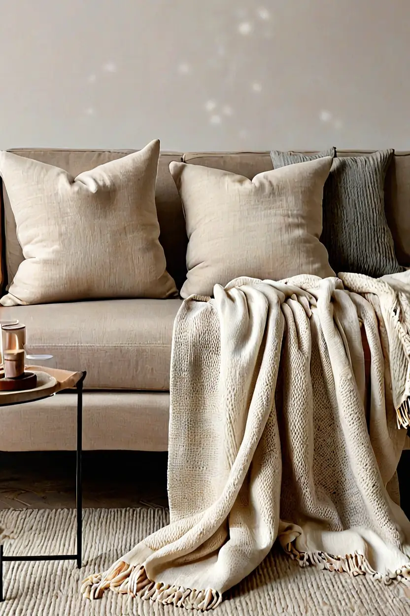 Layered Neutral Living Room Cozy living room styled with fall decor ideas featuring neutral knit blankets and textured pillows.