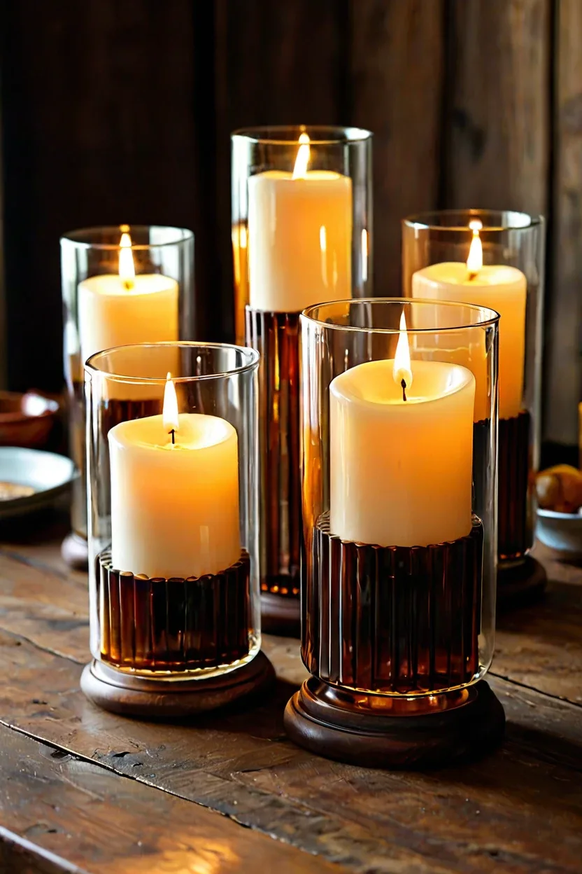 Ribbed Glass Hurricane Lamps Ribbed glass hurricane lamps creating a warm ambiance for cozy fall decor ideas