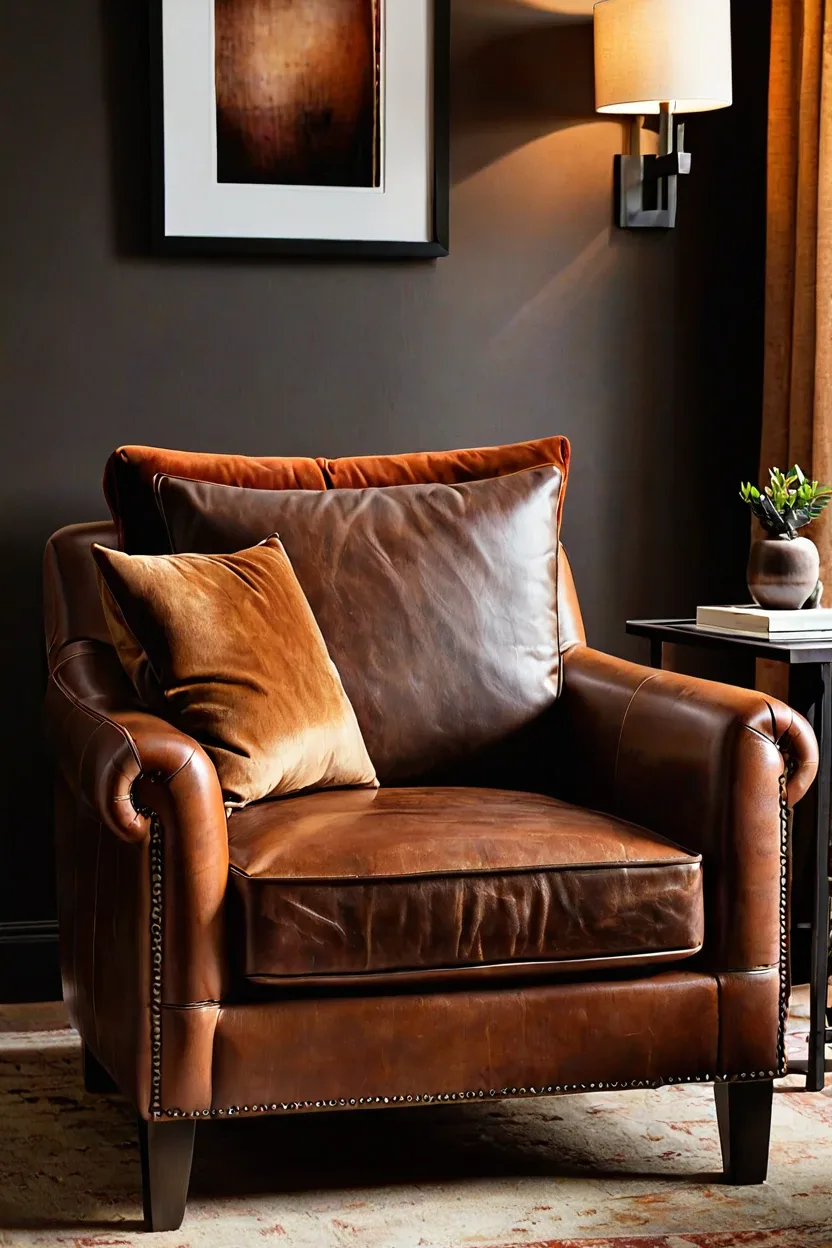 Rust Velvet Accent Pillows Leather armchair showcasing fall decor ideas with rust velvet accent pillows.