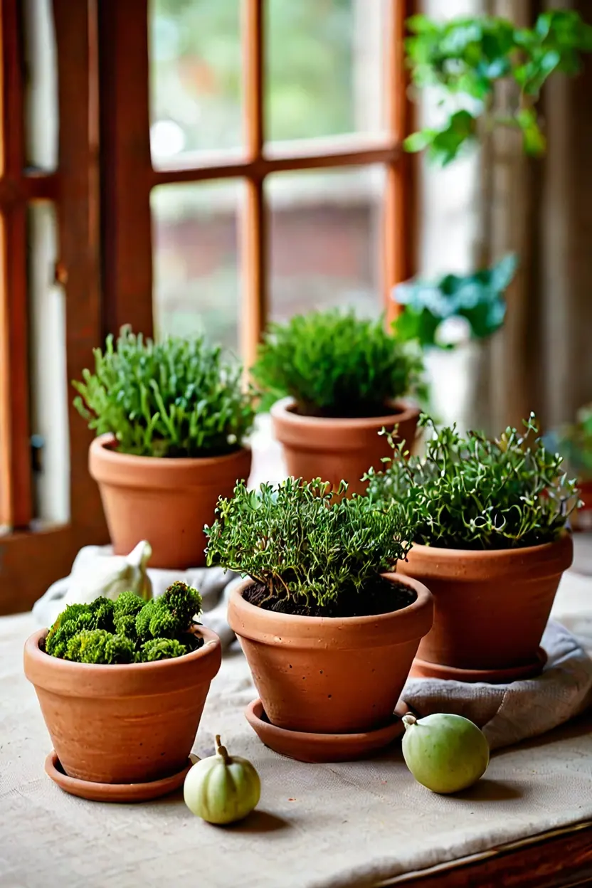 Terracotta Pot Centerpiece Terracotta pots with moss and gourds as natural fall decor ideas.