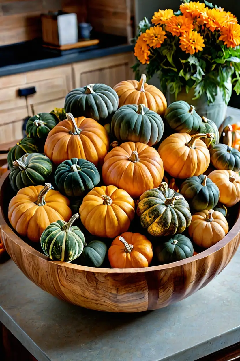 Velvet Pumpkins in Wooden Bowl Velvet pumpkins in a wooden bowl for sophisticated fall decor ideas.