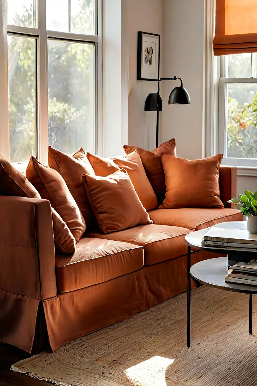 Burnt Orange Linen Slipcovers Burnt orange linen sofa slipcovers showcasing stylish fall living room decor ideas for autumn.
