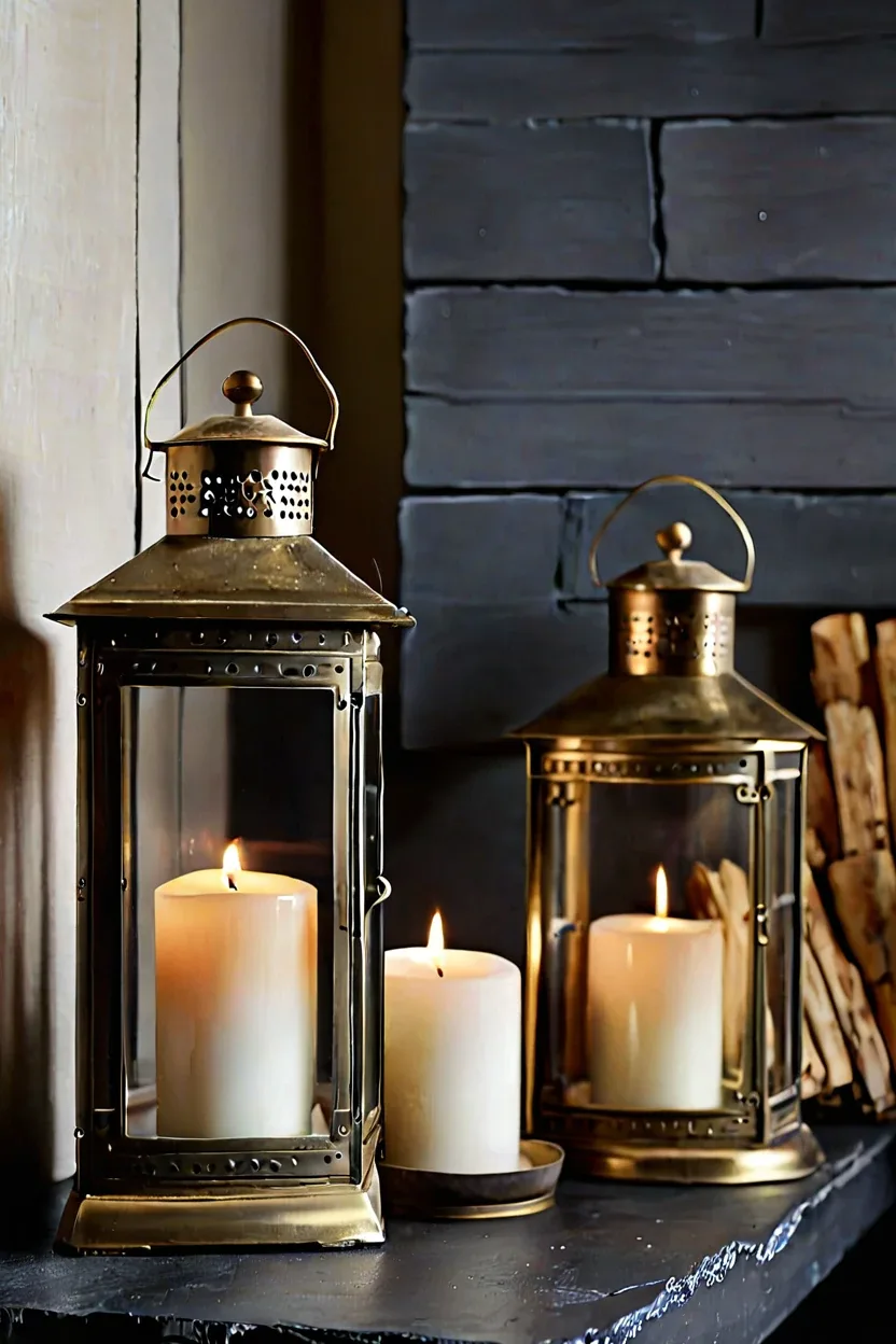 Distressed Brass Lanterns Distressed brass lanterns with pillar candles for fall living room decor ideas