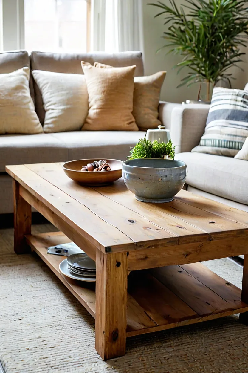 Distressed Wooden Coffee Table Distressed wooden coffee table showcasing rustic fall living room decor ideas.