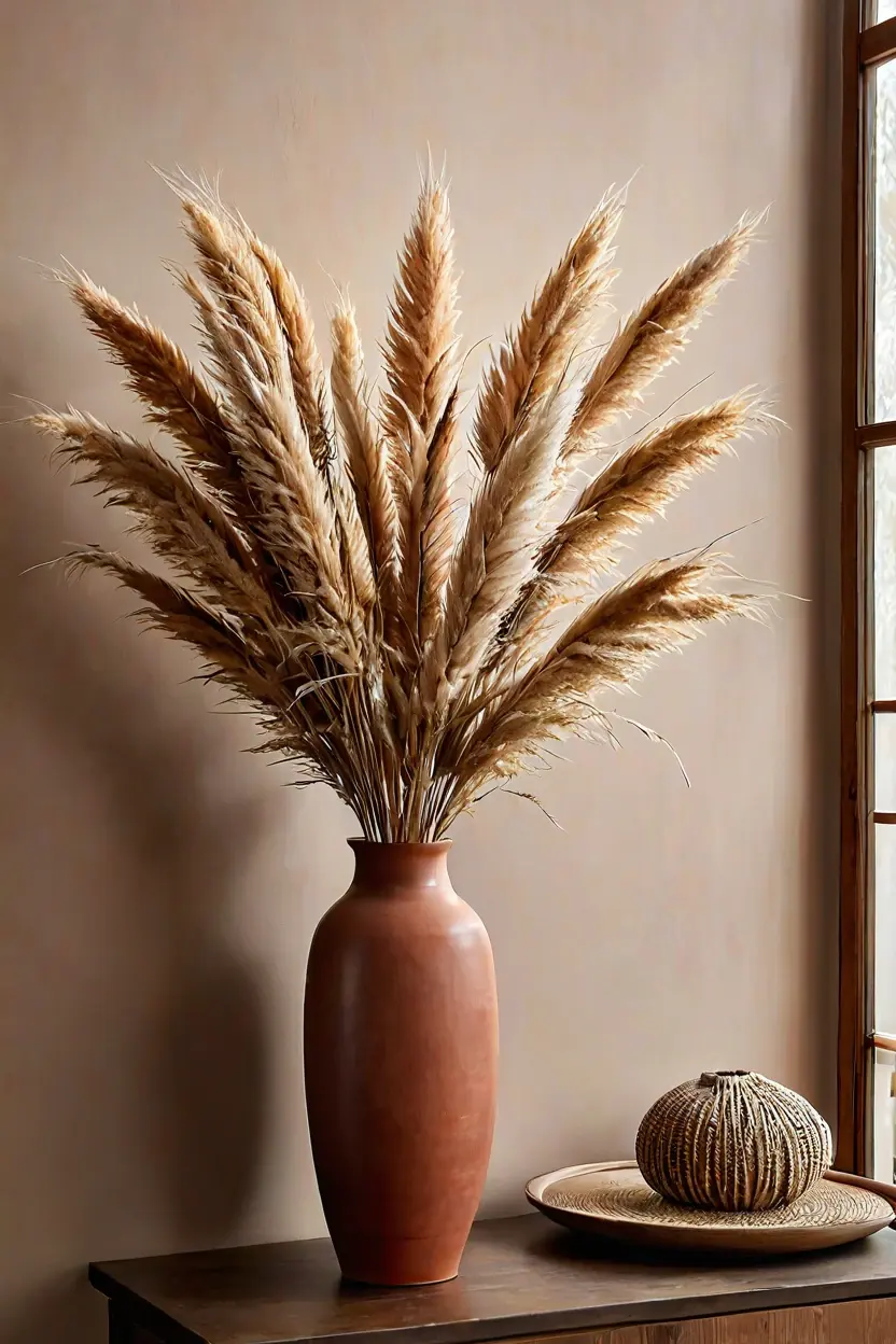 Dried Pampas Grass Arrangement Tall terracotta vase with dried pampas grass used in fall living room decor ideas