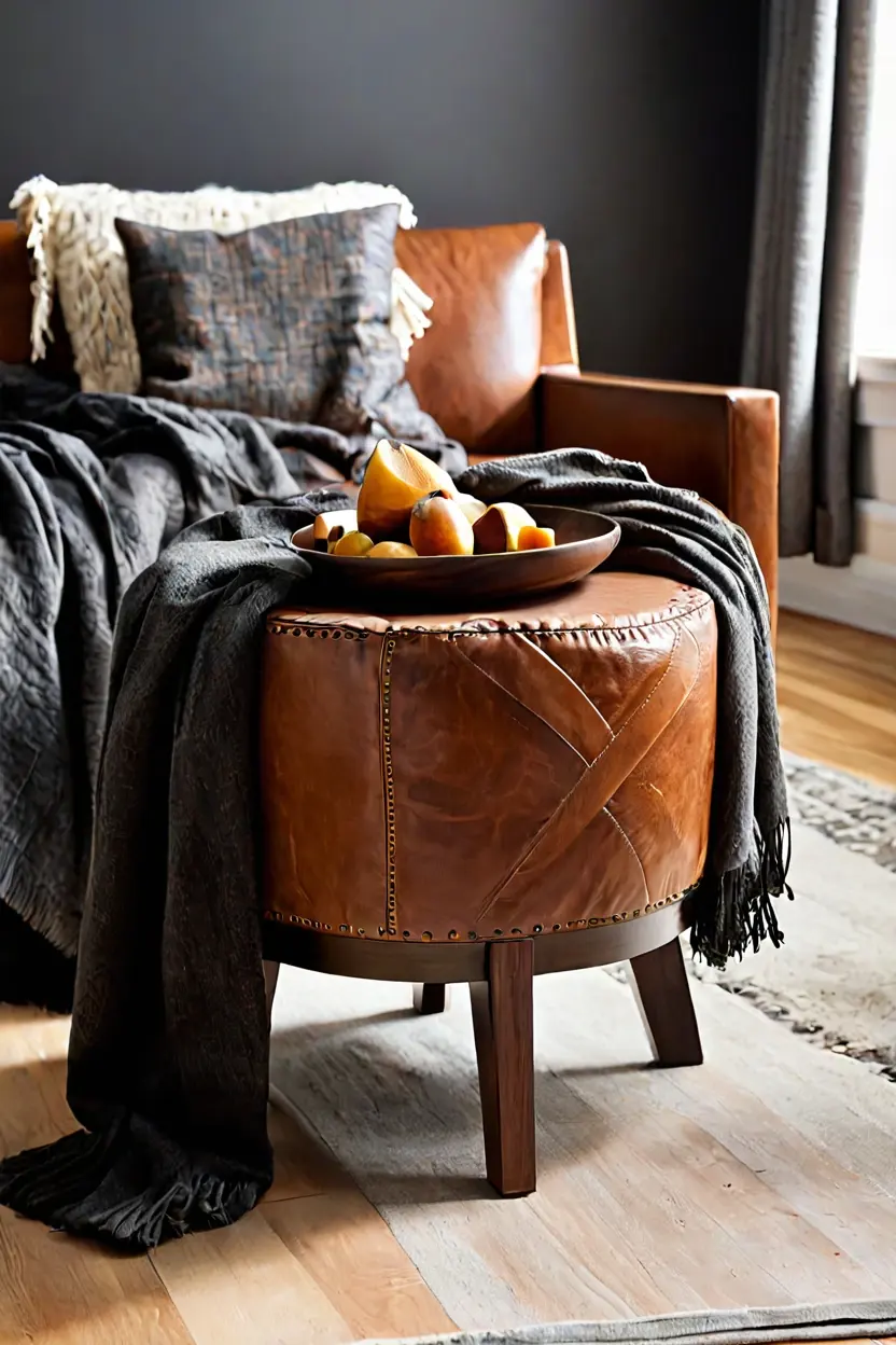 Faux Leather Ottoman Styling Cognac faux leather ottoman styled for cozy fall living room decor ideas