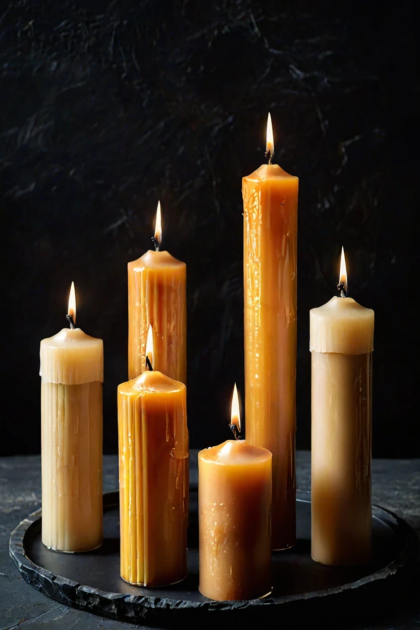 Fluted Beeswax Pillar Candles Fluted beeswax pillar candles adding ambiance to warm fall living room decor ideas.