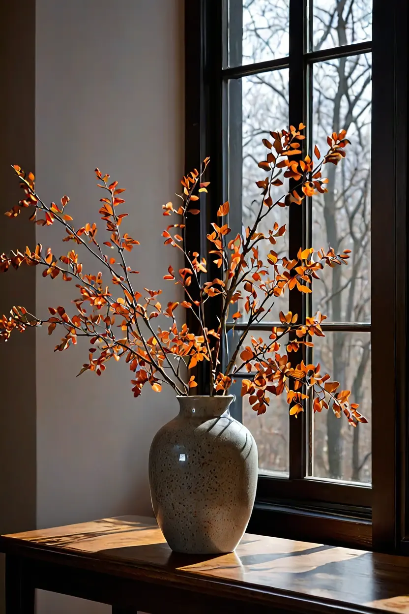 Handmade Stoneware Branch Vases Handmade stoneware vase with autumn branches demonstrating elegant fall living room decor ideas.