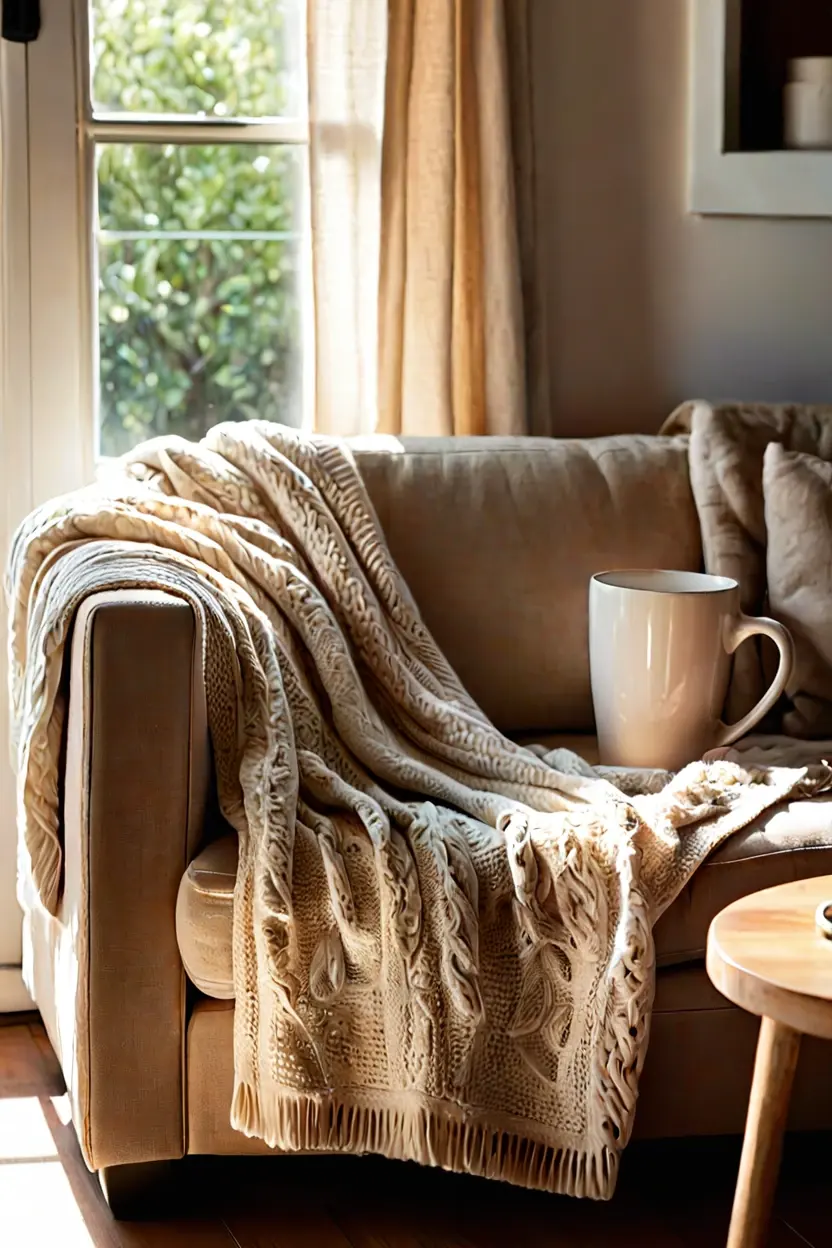 Layered Neutral Knit Blankets Cozy cream cable knit throw blanket draped over a neutral sofa for fall living room decor ideas