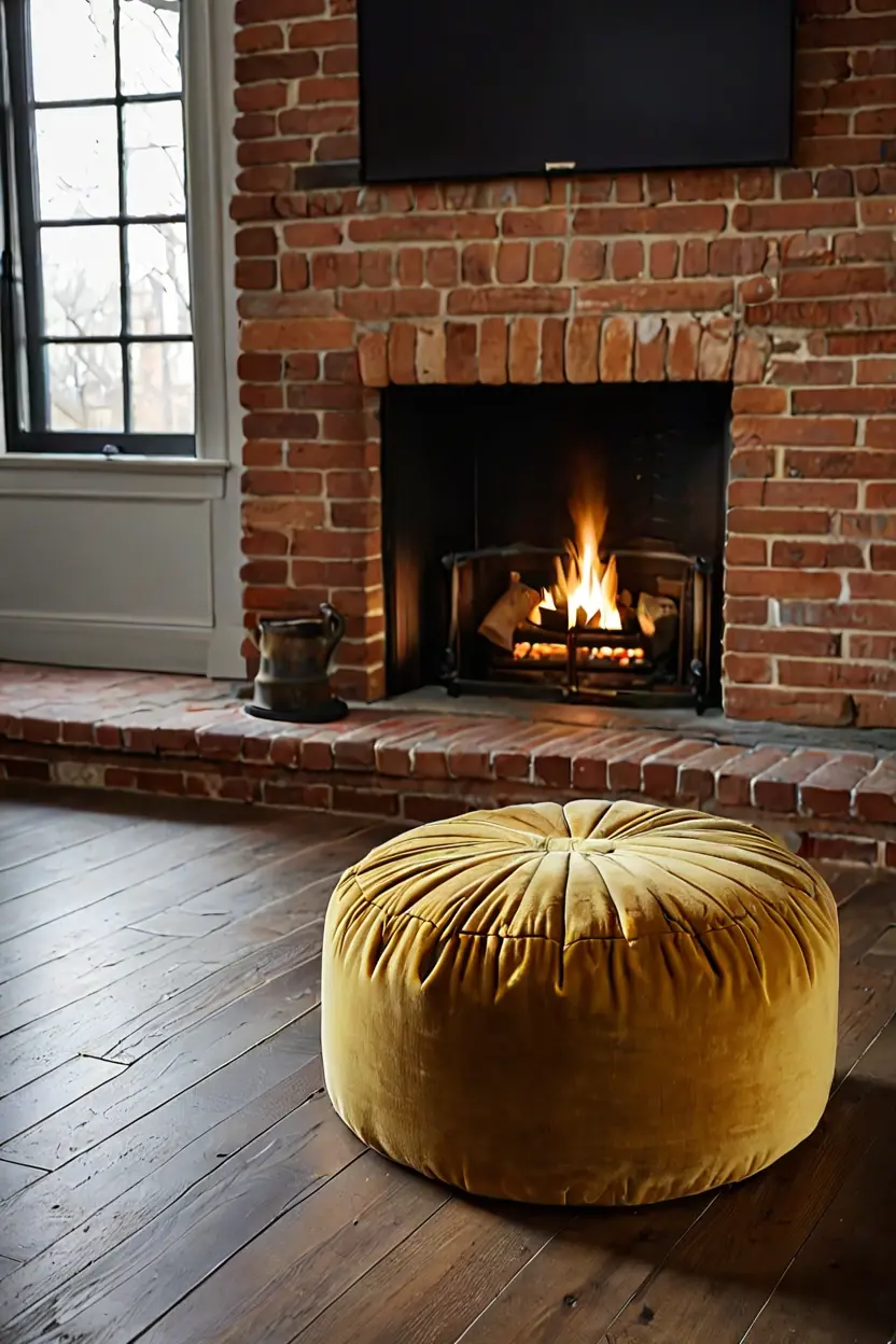 Mustard Yellow Velvet Poufs Mustard yellow velvet pouf featured in vibrant fall living room decor ideas.