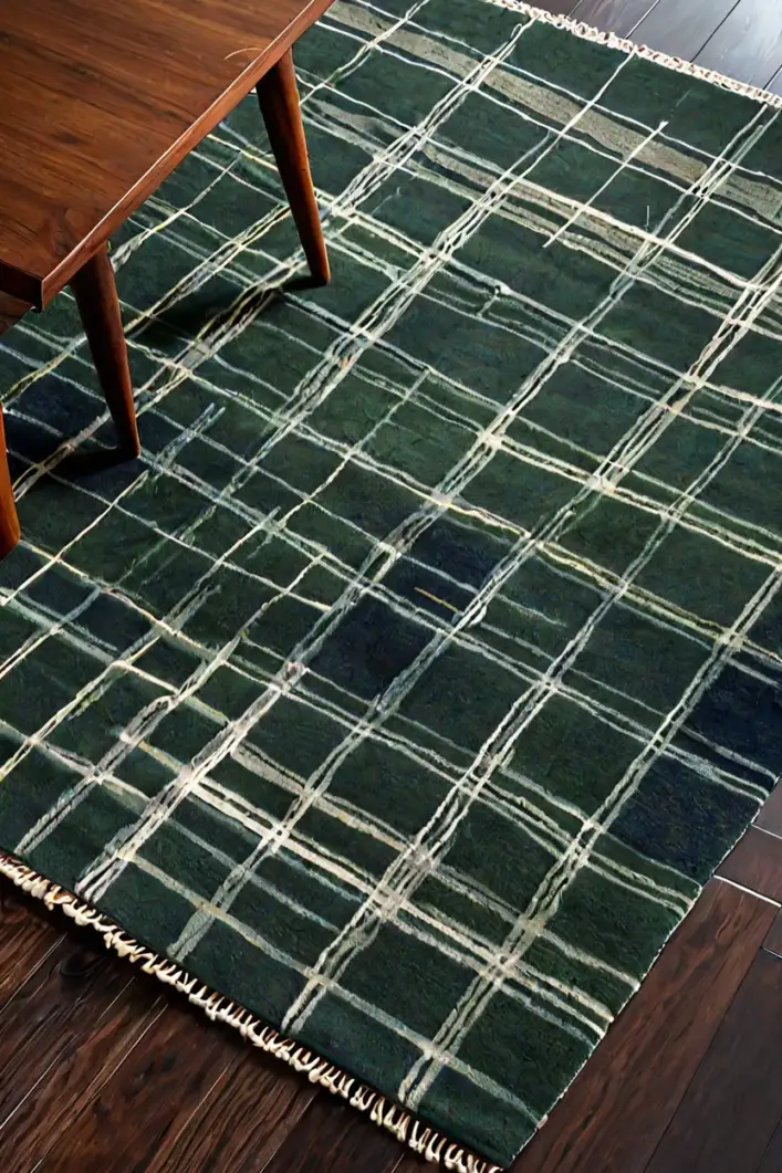Plaid Wool Area Rugs Muted plaid wool area rug grounding a seating area for fall living room decor ideas