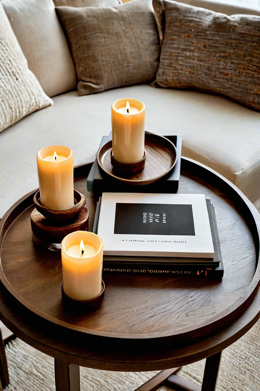 Rich Walnut Wood Trays Dark walnut serving tray styled with amber candles for autumn fall living room decor ideas
