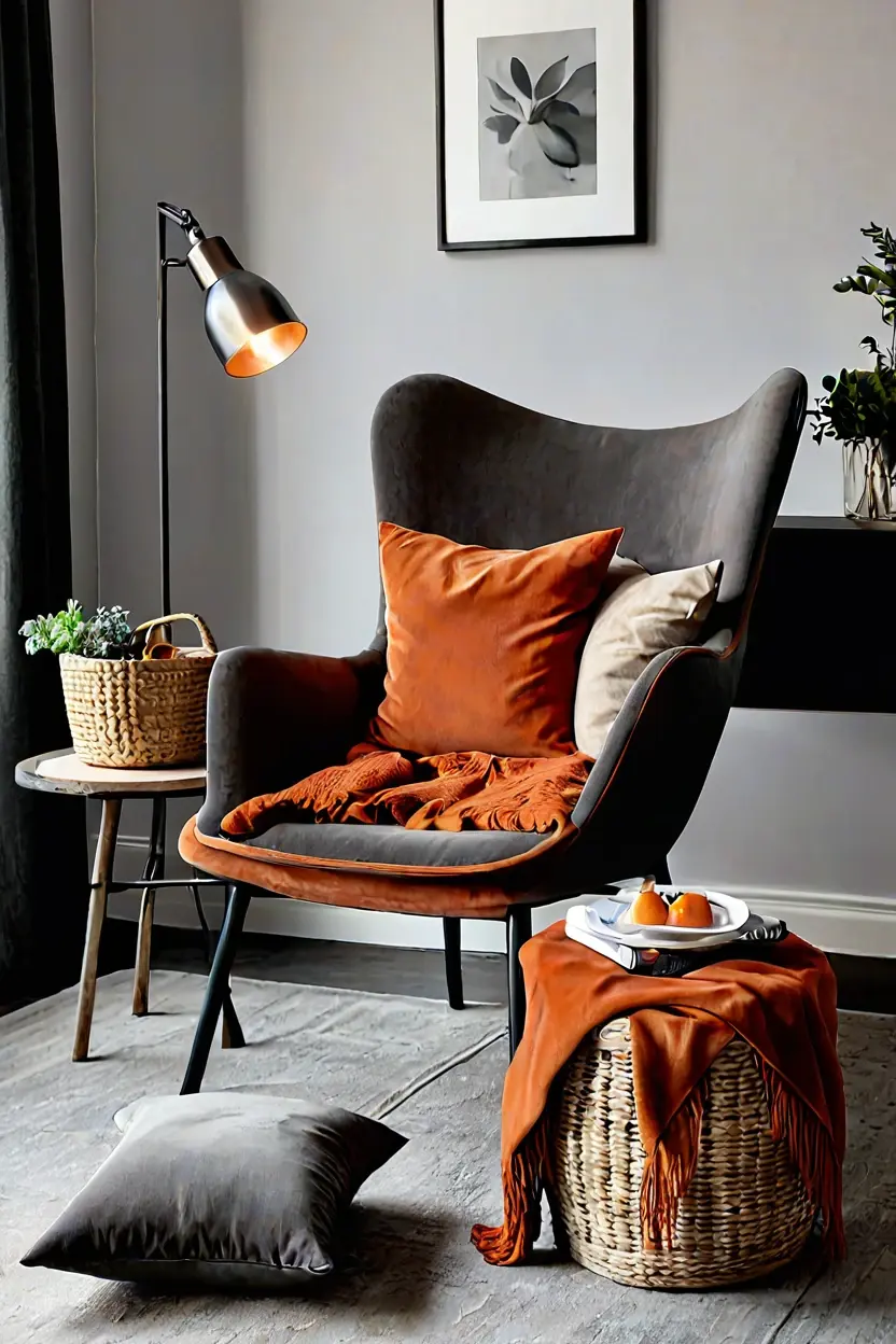Terracotta Accent Pillows Rust orange velvet throw pillows styling an armchair as part of fall living room decor ideas