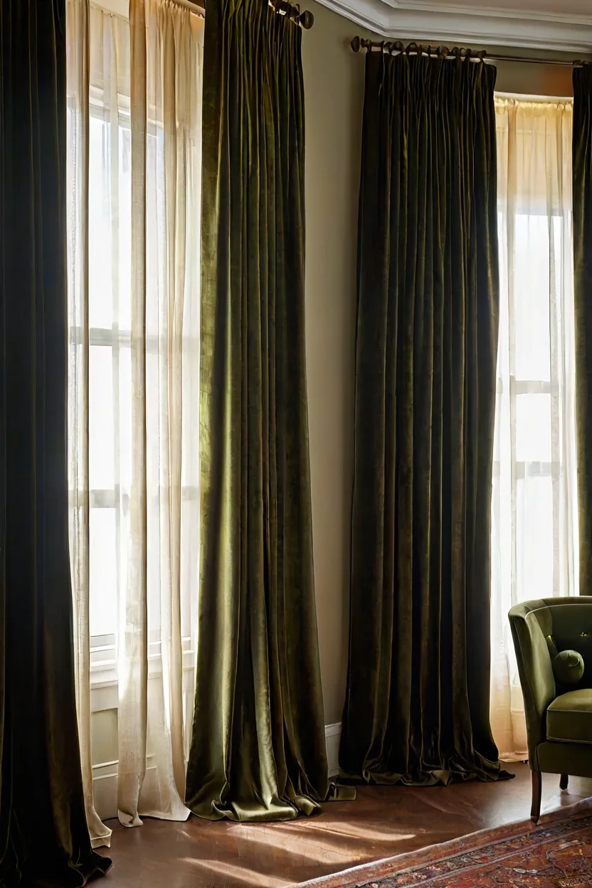Velvet Curtains in Olive Green Heavy olive green velvet curtains framing a window for fall living room decor ideas