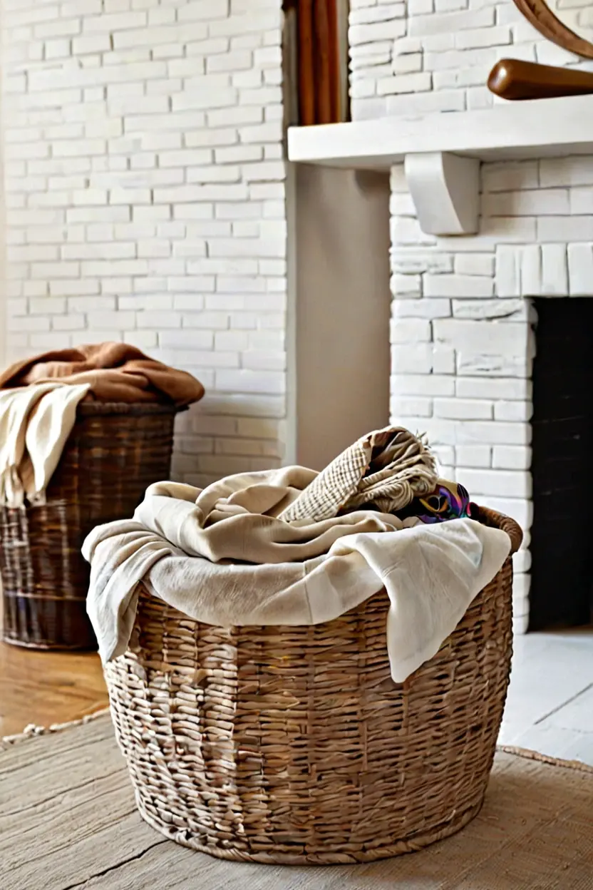 Woven Rattan Storage Baskets Woven rattan storage basket filled with wool blankets for fall living room decor ideas