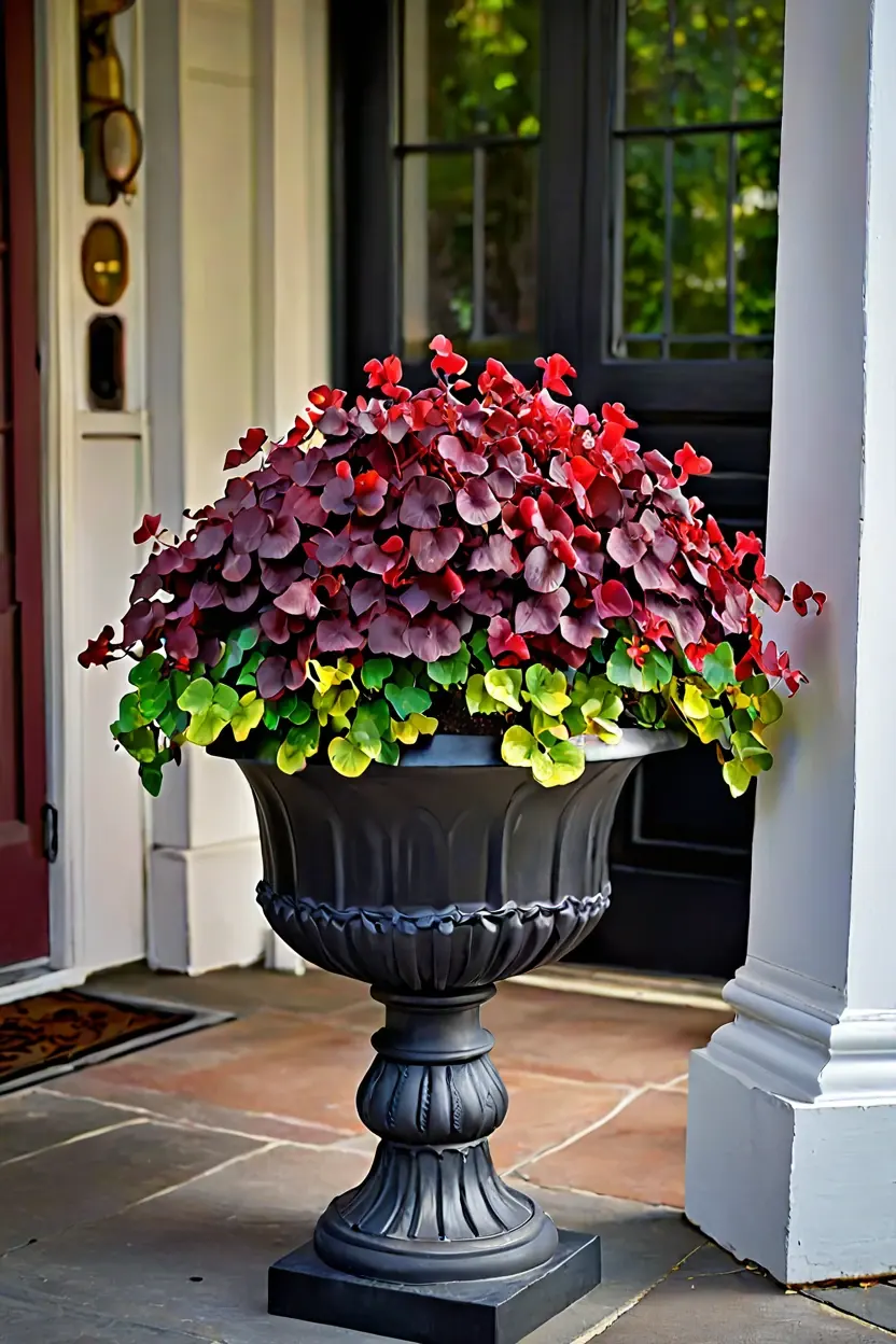 Black Urns with Burgundy Coral Bells Matte black urn with burgundy coral bells for dramatic entry fall outdoor planter ideas.