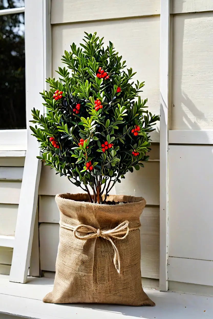 Burlap Wrapped Boxwood and Berries Simple fall outdoor planter ideas featuring a burlap wrapped boxwood