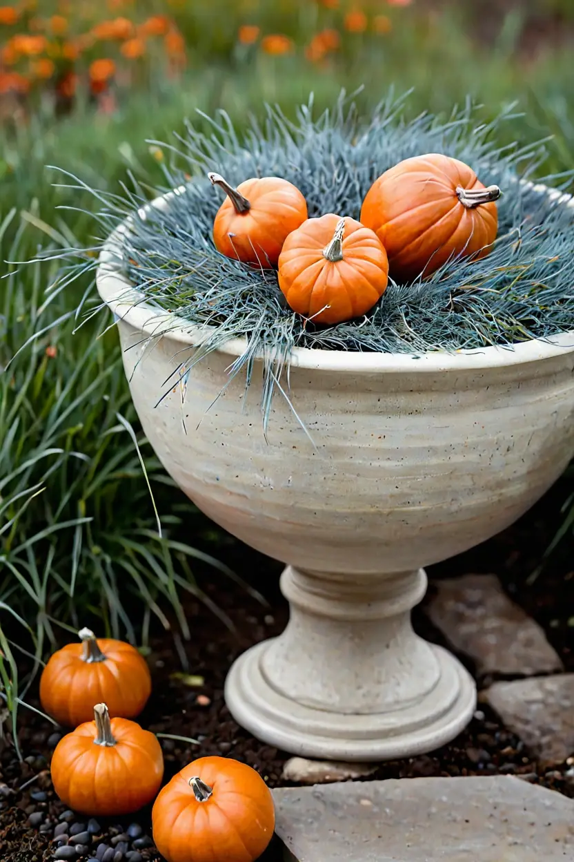 Cast Stone Planter with Blue Fescue Cast stone bowl with blue fescue grass for earthy fall outdoor planter ideas.